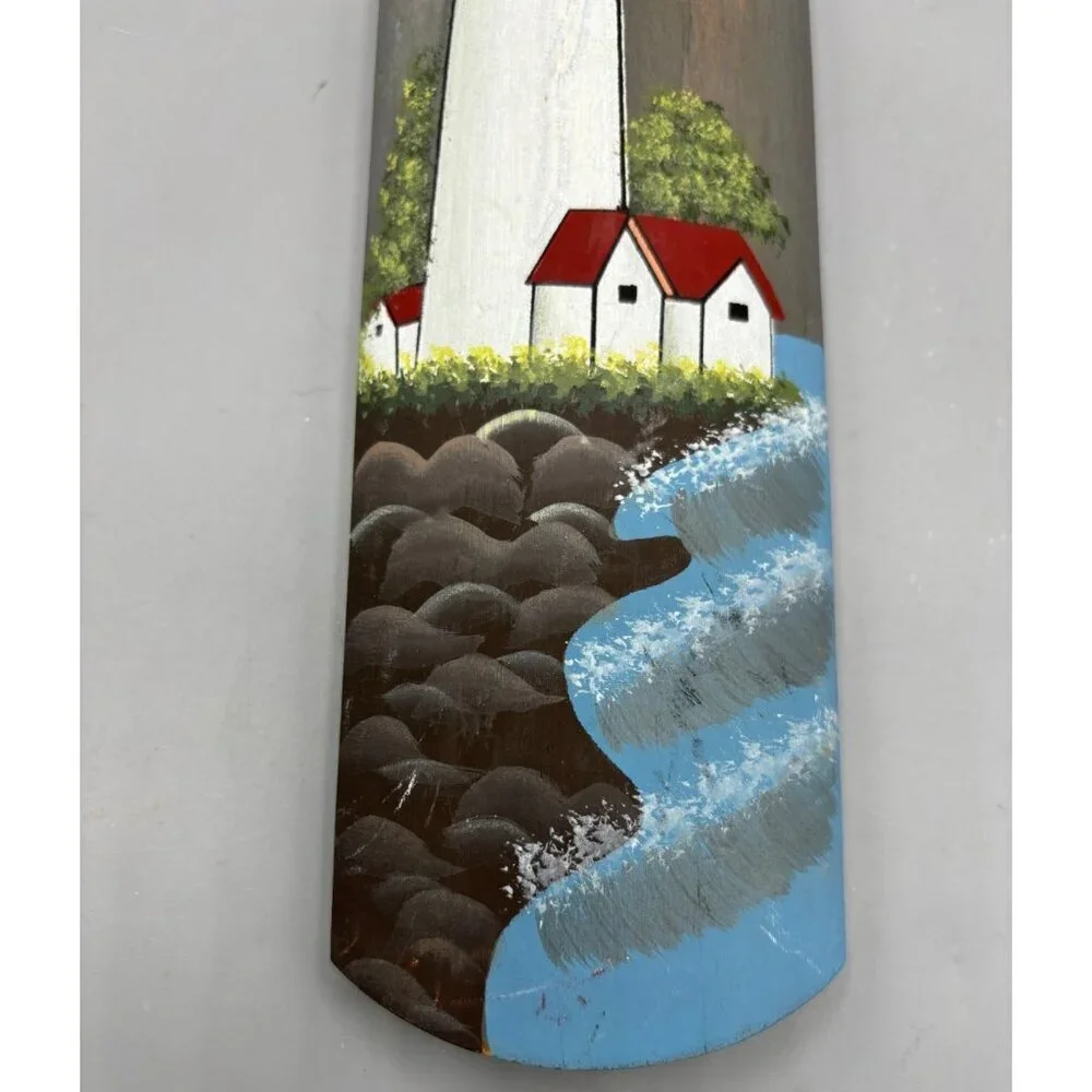 Hand Painted Wooden Lighthouse Coastal Wall Decor With Seagulls & Beach‎ Scene